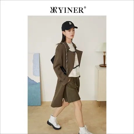 YINER音儿女装2022春季新款中长款双排扣西装领风衣商品大图