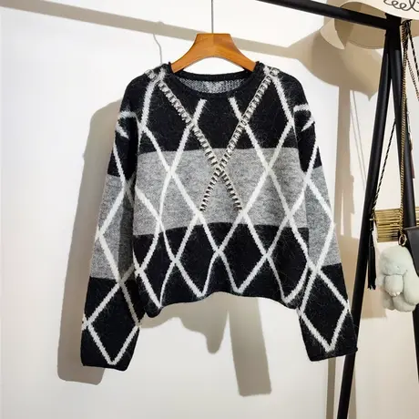 菱形格针织衫上衣女2023秋冬新款宽松设计感小众长袖毛衣套头外穿商品大图
