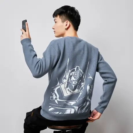 唐狮 秋冬新款男毛衣变形金刚后背图案宽松潮流针织衫外穿图片