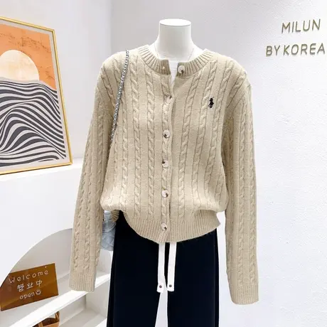 韩国东大门针织开衫2023秋冬新款刺绣小马软糯麻花毛衣外套高级感商品大图