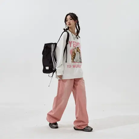 YEP白色套头美式复古卫衣女无帽2023年新款秋冬加绒潮牌宽松上衣商品大图