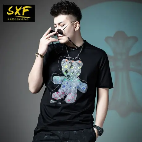 SXF圣希梵短袖t恤男 小熊印花纯棉情侣夏装 2023新款潮流男士半袖商品大图
