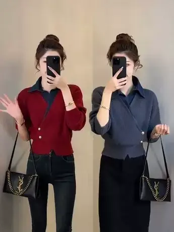 2023秋冬季新款牛仔拼接v领毛衣女设蝙蝠袖假两件针织上衣ins潮款图片