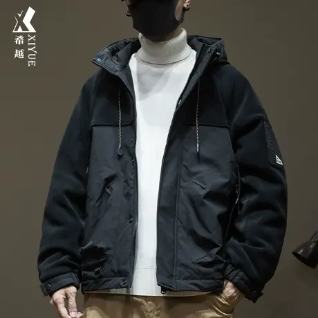 希越秋冬款奥粒绒拼接棉衣男士宽松大码户外工装风加厚连帽外套潮商品大图