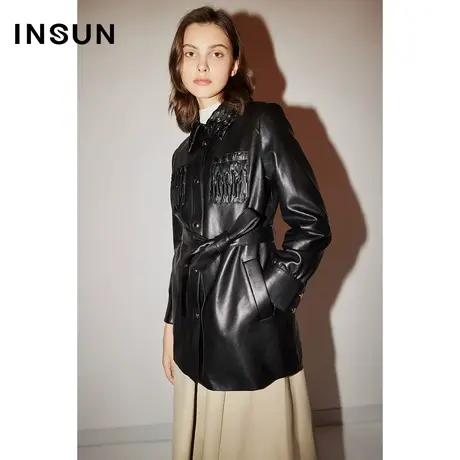 【官方直播】恩裳COVER时尚褶皱工艺点缀设计柔软通勤皮衣短外套商品大图