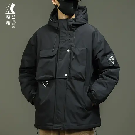 希越小牛津黑色棉衣男士冬季潮牌连帽冲锋衣宽松大码保暖加厚外套商品大图