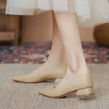 真皮粗跟单鞋女2023年春季新款低跟平底软皮不累脚尖头通勤高跟鞋图片