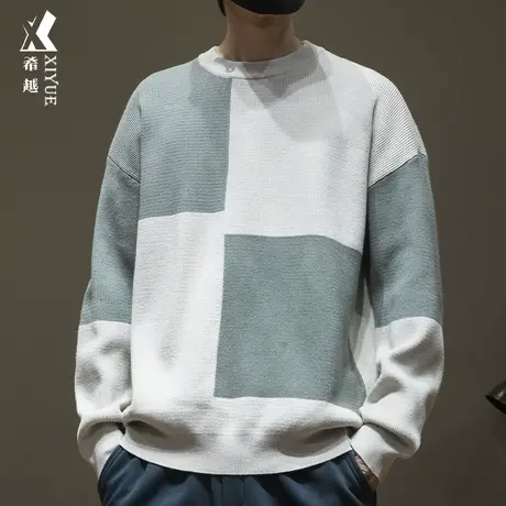 希越高级感撞色拼接套头针织衫宽松大码美式休闲男士毛衣2023秋冬商品大图
