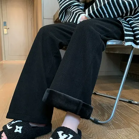 黑色雪尼尔阔腿裤女秋冬款加绒加厚高腰宽松垂感直筒灯芯绒休闲裤商品大图