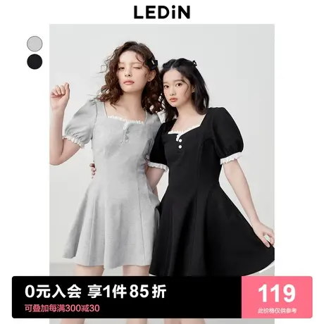 乐町修身方领连衣裙2023夏季气质小黑裙甜美针织短袖连衣裙商品大图