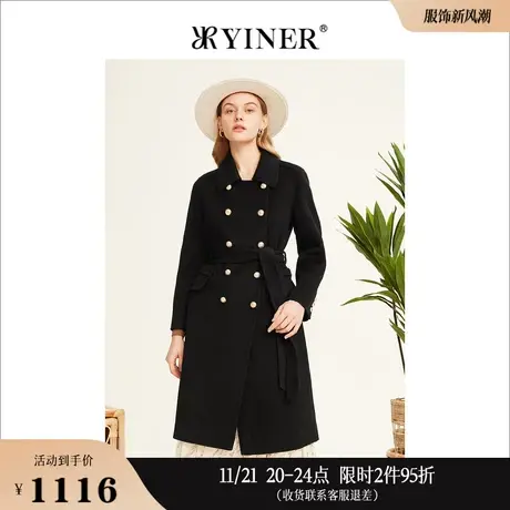 YINER音儿线上专选女装冬季纯绵羊毛呢子大衣中长款双排扣外套商品大图