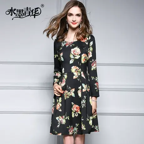 水墨青华春装新品时尚圆领长袖修身气质优雅显瘦印花连衣裙图片