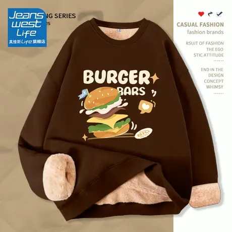 真维斯LIFE圆领卫衣冬季女加绒加厚咖色复古小个子无帽上衣外套潮商品大图