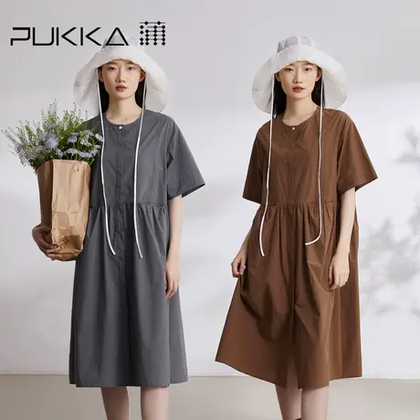 蒲PUKKA原创设计2023夏季宽松新中式圆领碎褶文艺气质连衣裙图片