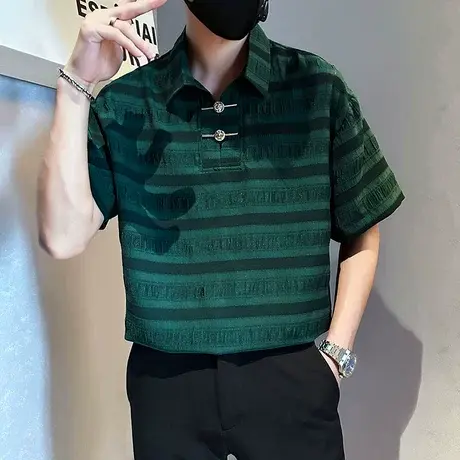 短袖t恤polo衫男夏季条纹日系设计感网红潮男痞帅五分袖上衣衬衣商品大图