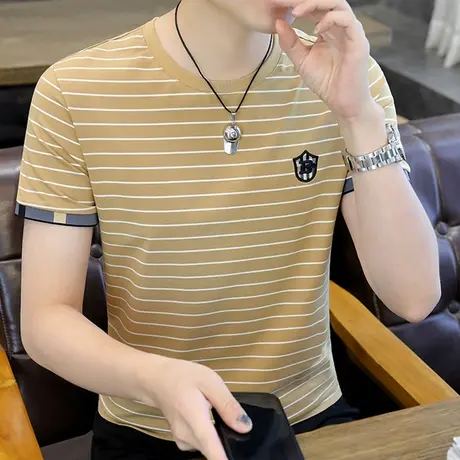 t恤男士短袖2023新款男装刺绣夏季上衣服条纹体恤衫纯棉薄款半袖商品大图