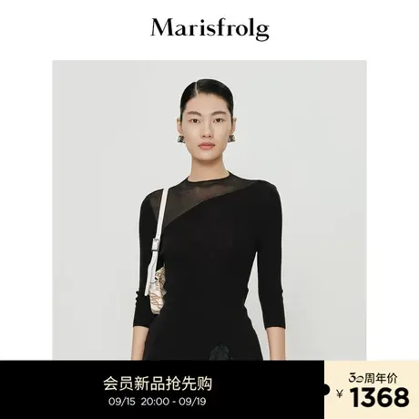 【都市衣橱】玛丝菲尔2023年秋季新款黑色绵羊毛下摆开叉修身毛衣商品大图