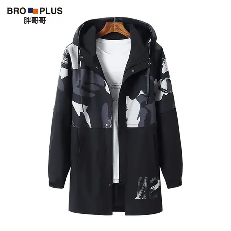 胖哥哥大码风衣男中长款潮流迷彩春秋新款衣服加肥加大男装外套商品大图