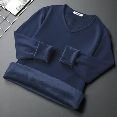 长袖t恤男装V领秋冬季加绒加厚保暖内搭打底衫秋衣小衫纯色体恤衫商品大图