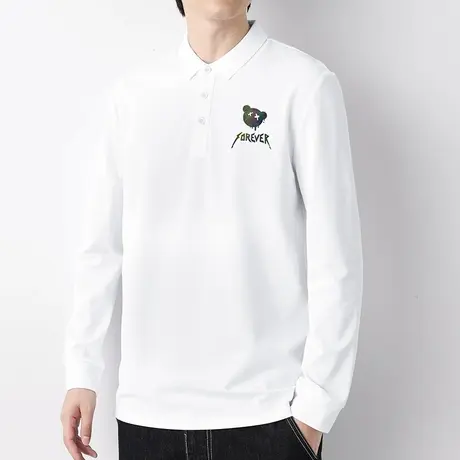 珠地棉长袖polo衫翻领t恤男潮牌小熊带领打底衫商务休闲白色秋衣图片