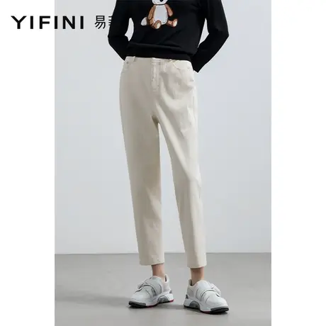 Yifini/易菲含棉白色牛仔裤女春夏新款直筒裤高腰显瘦九分裤商品大图