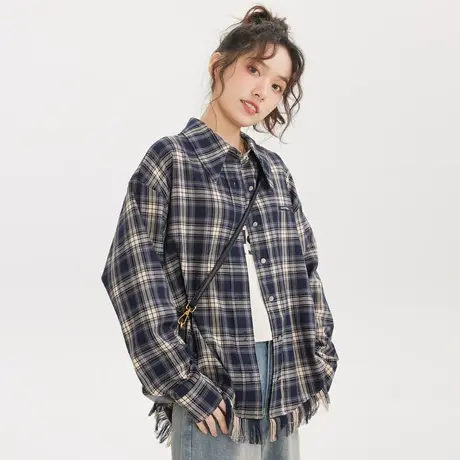 2023早春新款流苏复古格子衬衫外套女设计感小众高级小个子衬衣图片