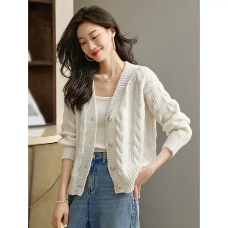时尚气质淑女毛衣开衫女士2023秋季新款短款百搭显瘦纯色精致上衣商品大图