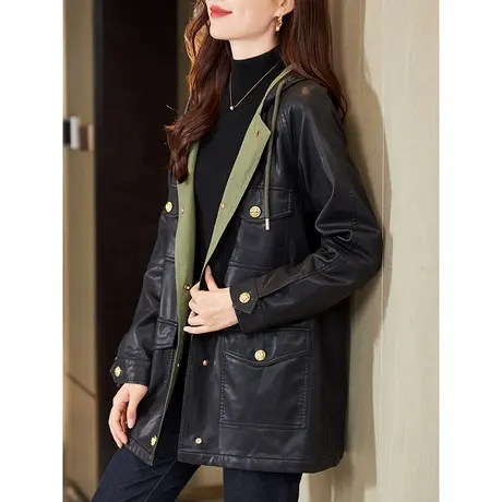 宝诗黎连帽休闲皮衣外套女2023年秋季新款洋气机车服时尚开衫上衣商品大图