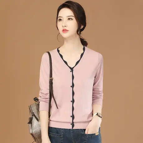 韩潮袭人V领拼接长袖针织衫上衣女2024春季新款休闲百搭撞色毛衣图片