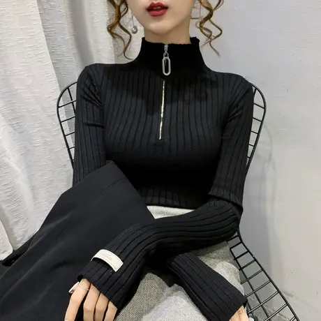 半高领开襟毛衣女加厚打底衫2025春秋新款套头针织衫内搭修身上衣商品大图