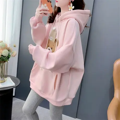 加绒加厚连帽小熊卫衣外套女2023秋冬新款宽松休闲百搭设计感上衣图片