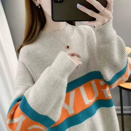 2023秋冬新款半高领毛衣女宽松套头上衣针织衫慵懒风长袖洋气外穿图片