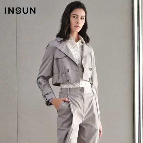 恩裳春季褶皱风衣式双排扣短外套商品大图