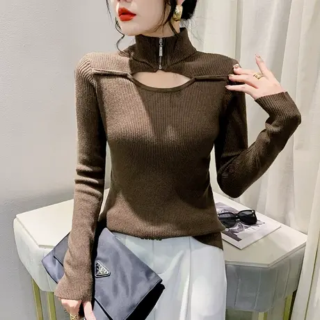 加厚秋冬套头针织衫长袖性感镂空拉链拼接上衣时尚内搭半高领毛衣商品大图