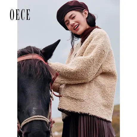 Oece装新款复古减龄学院羊羔毛大衣短款小个子外套商品大图