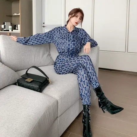 休闲工装蓝色连体裤女OL职业束脚裤抽绳收腰时尚欧美显瘦连衣裤商品大图