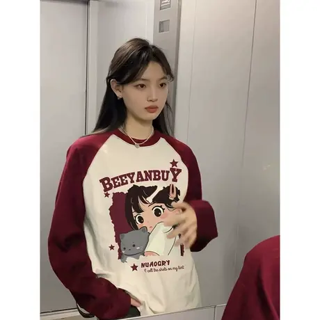 美式复古长袖t恤女内搭爆款休闲秋冬款小众撞色拼接插肩袖上衣潮商品大图