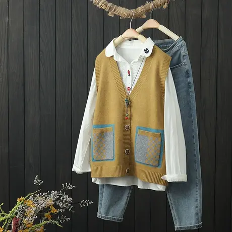 秋季新款V领双口袋针织无袖毛衣马甲开衫女减龄宽松大码马夹背心商品大图