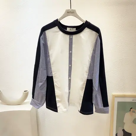 小众设计感上衣2022春款韩国东大门竖条纹衬衫拼接时髦简约大码图片