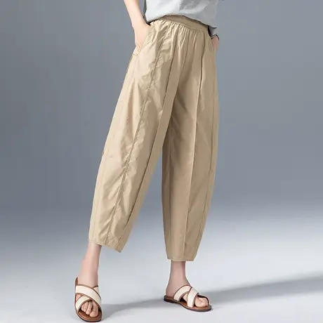 卡其色裤子灯笼裤女夏2024新款小个子八分裤夏季薄款九分裤哈伦裤商品大图