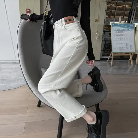 米白色阔腿牛仔裤女2024年春秋新款高腰宽松显瘦ins百搭直筒裤潮商品大图