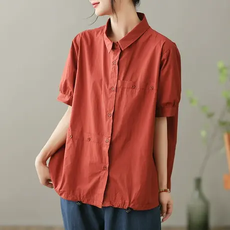 dza 复古白色亚麻衬衫女2023夏薄款短袖衬衣宽松显瘦棉麻开衫上衣商品大图