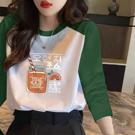 插肩袖t恤女秋冬纯棉打底衫2023年新款休闲百搭长袖磨毛加厚上衣商品大图