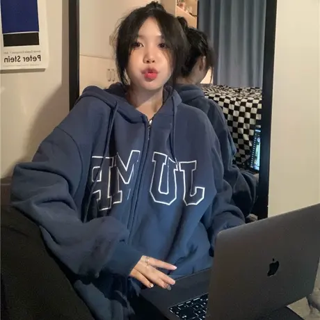 秋冬款卫衣女加绒情侣装oversize大码宽松外套ins潮牌街头风开衫商品大图