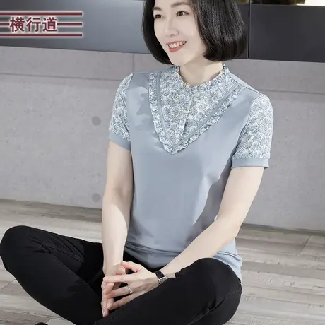 2025夏季新款简约休闲木耳边碎花拼接假两件短袖外穿大码上衣服女图片