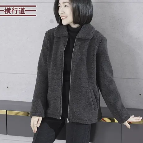 2024春季新款纯色宽松翻领拉链口袋羊羔绒外套大码女保暖上衣外穿商品大图