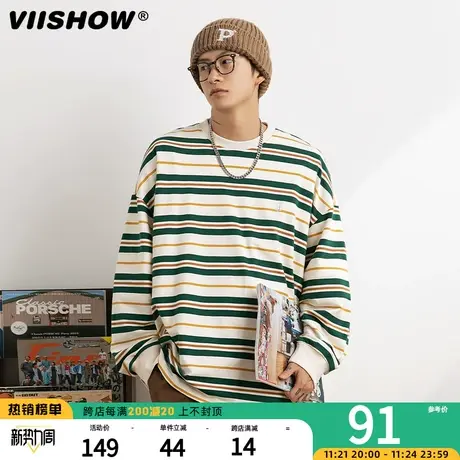 VIISHOW长袖t恤男士秋季新款潮牌潮流条纹上衣圆领运动少年感卫衣图片