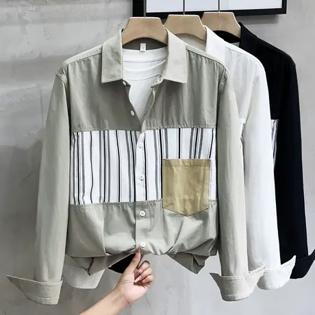 男士衬衫长袖外套男士秋装上衣服纯棉个性设计感拼接衬衣男春秋款商品大图
