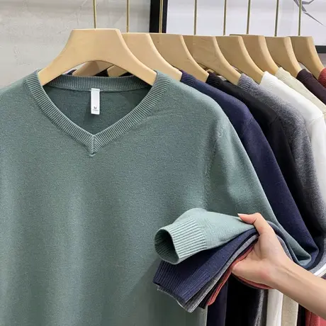 仿羊绒秋冬轻商务内搭打底衫休闲针织衫修身潮春秋V领毛衣男上衣商品大图