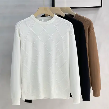 菱形提花圆领毛衣男士2023新款秋冬季宽松套头打底针织衫男装上衣图片